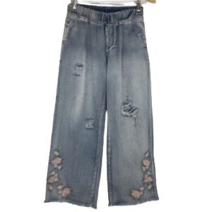 POL Women’s Wide Leg Jeans Embroidered Floral Distressed Ripped Size M Blue Pink